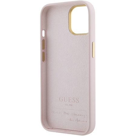 Guess Silikon Script Metal Logo &amp; Frame Hülle für iPhone 15 – Rosa