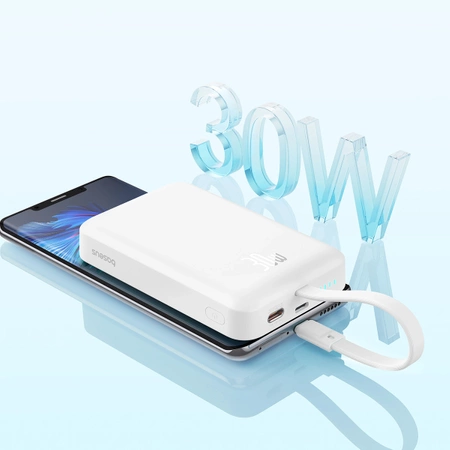 Baseus Magnetic Mini MagSafe 10000mAh 30W powerbank with built-in Lightning cable - white + Baseus Simple Series USB-C - USB-C 60W 0.3m cable