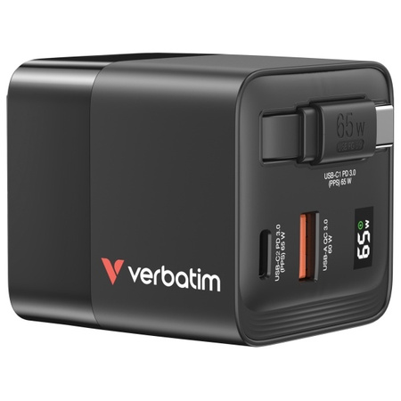 Verbatim Ładowarka sieciowa GaN 65W       2xUSB-C/USB-A + Adapter EU/UK/US czarny/black 32217