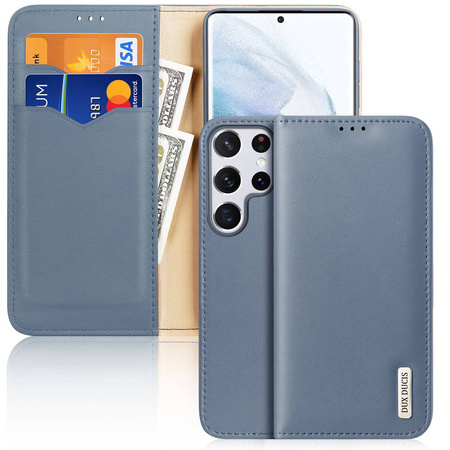 Dux Ducis Hivo skórzane etui z klapką pokrowiec ze skóry naturalnej portfel na karty i dokumenty Samsung Galaxy S22 Ultra niebieski