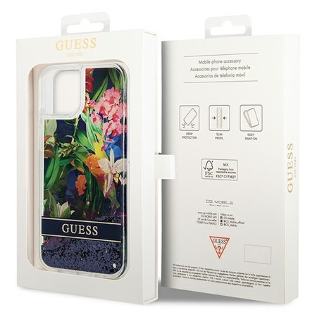 Case IPHONE 14 Guess Hardcase Flower Liquid Glitter blue