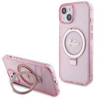 Guess Ring Stand Script Glitter MagSafe case for iPhone 15 Plus / 14 Plus - pink