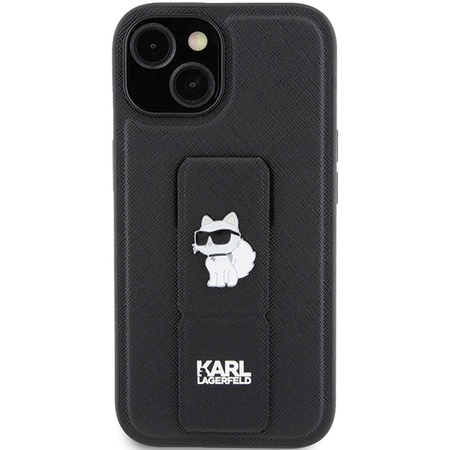 Karl Lagerfeld Gripstand Saffiano Choupette Pins Case for iPhone 15 Plus / 14 Plus - Black