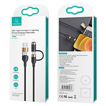 Kabel 60W 1.2m PD Fast Charge USB + USB-C - USB-C + Lightning Usams U62 SJ483USB01 (US-SJ483) czarny