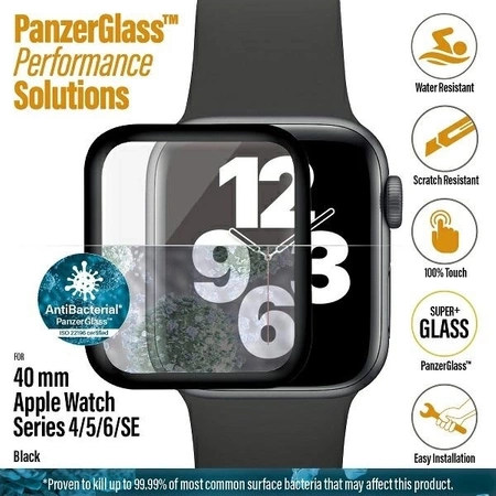 PanzerGlass Gebogenes antibakterielles Hartglas für Apple Watch 4/5/6/SE – 40 mm – Schwarz