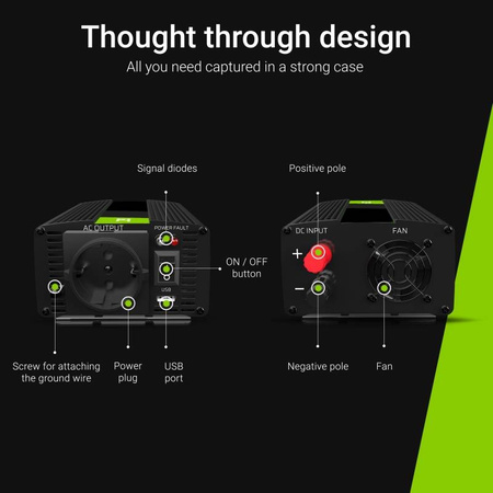 Green Cell - Przetwornica napięcia Inwerter 12V na 230V 500W/1000W Modyfikowana sinusoida