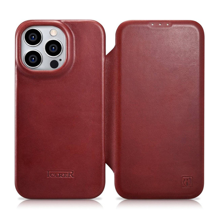 iCarer CE Oil Wax Premium Leather Folio Case Leather Case for iPhone 14 Pro Flip Magnetic MagSafe Red (AKI14220706-RD)