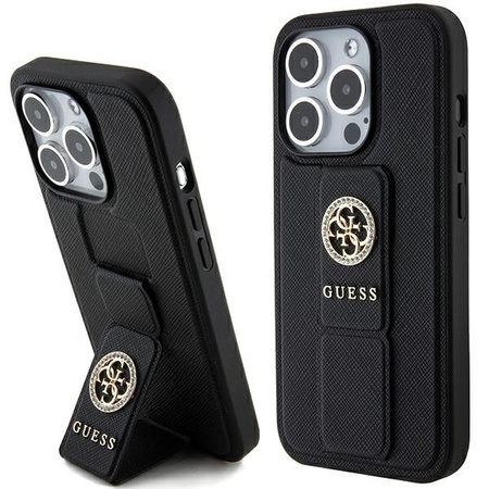 Guess Grip Stand 4G Saffiano Strass Hülle für iPhone 15 Pro Max - Schwarz