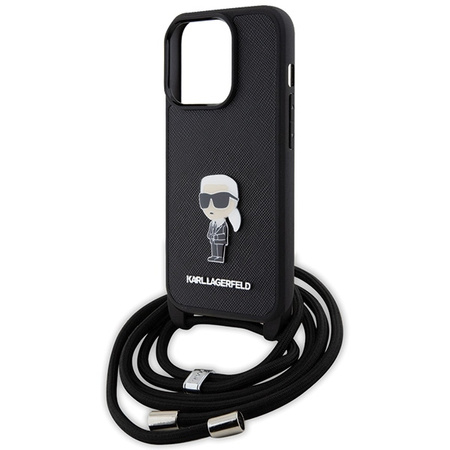 Karl Lagerfeld Umhängetasche mit Saffiano-Monogramm und Metallnadel, Karl &amp; Choupette-Hülle für iPhone 15 Pro – Schwarz