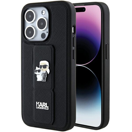 Etui Karl Lagerfeld Gripstand Saffiano Karl&Choupette Pins na iPhone 15 Pro - czarne