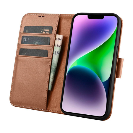 iCarer Wallet Case 2in1 etui iPhone 14 skórzany pokrowiec z klapką Anti-RFID brązowy (WMI14220725-BN)