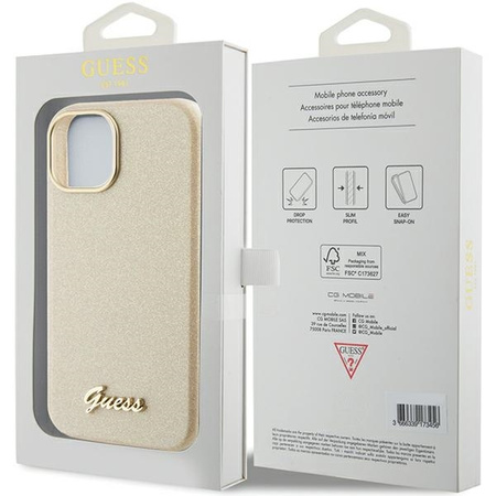 Guess Glitter Glossy Script case for iPhone 15 - gold