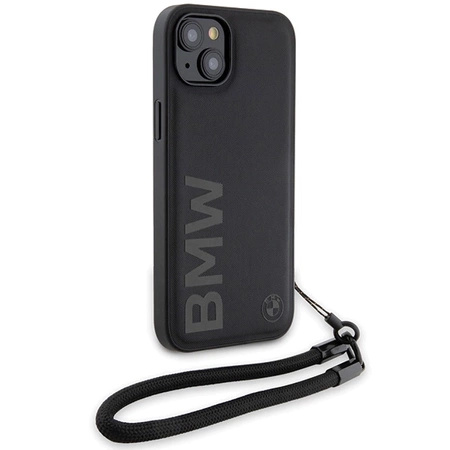 BMW Signature Leather Wordmark Cord Case for iPhone 15/14/13 - Black