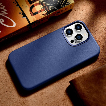 iCarer Case Leather Genuine Leather Case Cover for iPhone 14 Pro Max Blue (WMI14220708-BU) (MagSafe Compatible)