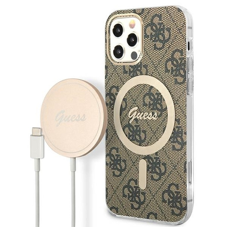 Guess Bundle Pack MagSafe 4G - Zestaw etui + ładowarka MagSafe iPhone 12 / iPhone 12 Pro (brązowy/złoty)