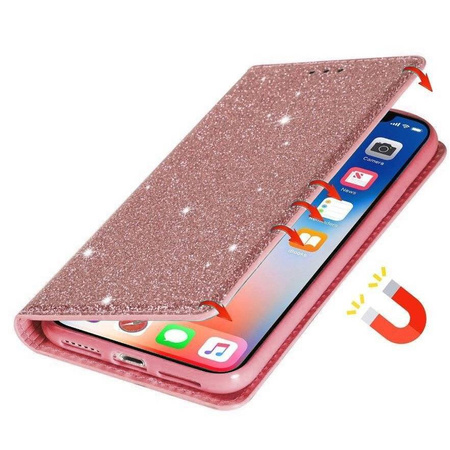 Etui HUAWEI Y5P portfel z klapką Flip Magnet Shine Brokat różowe