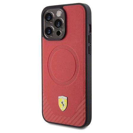 Original Handyhülle APPLE IPHONE 15 PRO Ferrari Hardcase Carbon Metal Logo MagSafe (FEHMP15LPTER) rot