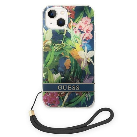 Original Case IPHONE 14 Guess Hardcase Flower Strap (GUOHCP14SHFLSB) blue