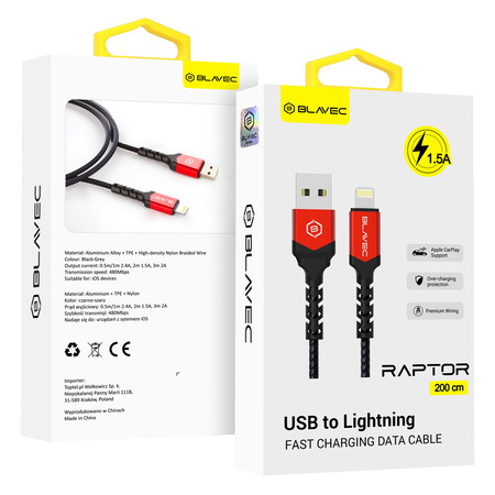 Blavec Kabel Raptor pleciony - USB na Lightning - 1,5A 2 metry (CRA-UL15BR20) czarno-czerwony