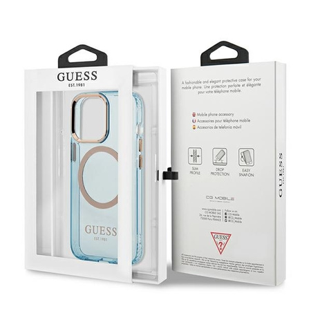 Oryginalne Etui IPHONE 13 PRO Guess Hard Case Gold Outline Translucent MagSafe (GUHMP13LHTCMB) niebieskie