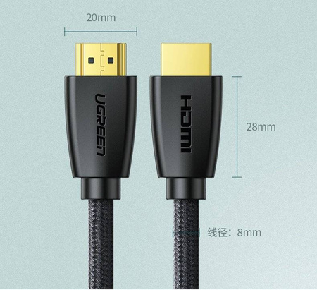 Ugreen mocny kabel przewód w nylonowym oplocie HDMI 2.0 4K 60 Hz 3D 18 Gbps HDR ARC Ethernet (HEC) 48 bit 1,5 m czarny (HD118 40409)