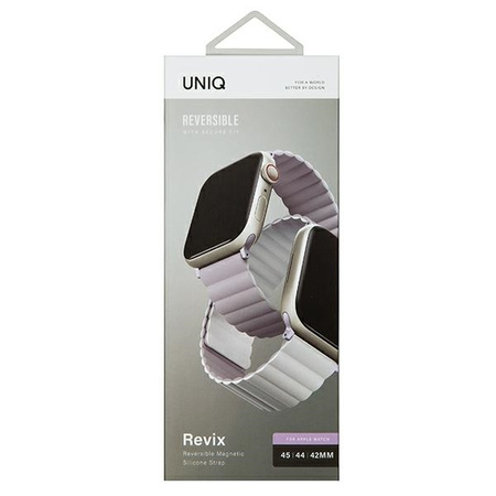 UNIQ pasek Revix Apple Watch Series 4/5/6/7/8/SE/SE2/Ultra 42/44/45mm. Reversible Magnetic lilak-biały/lilac-white