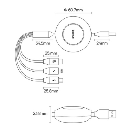 Baseus Bright Mirror 2 retractable cable 3in1 USB Type A - micro USB + Lightning + USB Type C 66W 1.1m black (CAMJ010101)