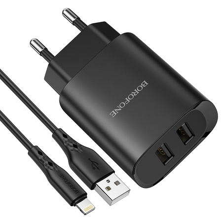 Borofone Ładowarka sieciowa BN2 Super - 2xUSB - 2,1A z kablem USB na Lightning czarna