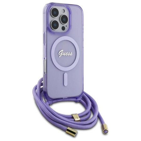 Original Handyhülle IPHONE 16 PRO Guess Hardcase Crossbody Cord Script MagSafe (GUHMP16LHCTSGNSU) violett