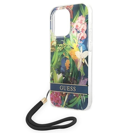 Original Handyhülle IPHONE 14 PRO Guess Hardcase Flower Strap (GUOHCP14LHFLSB) blau