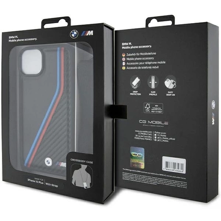 BMW M Edition Carbon Tricolor Lines &amp; Strap Hülle für iPhone 15 / 14 / 13 – Schwarz