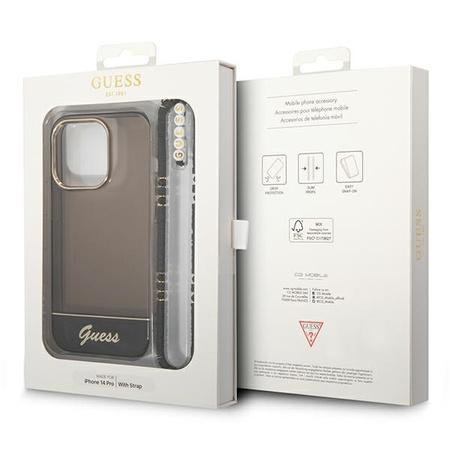 Original Case IPHONE 14 PRO MAX Guess Hardcase Translucent Pearl Strap black