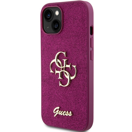 Guess Glitter Script Big 4G Hülle für iPhone 15 – Lila