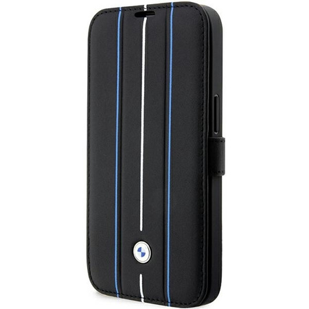 Original Case IPHONE 14 PRO BMW Bookcase Leather Stamp Blue Lines (BMBKP14L22RVSK) black