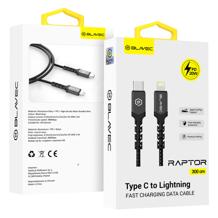 Blavec Kabel Raptor pleciony - Typ C na Lightning - PD 20W 2,4A 3 metry (CRA-CL24BG30) czarno-szary