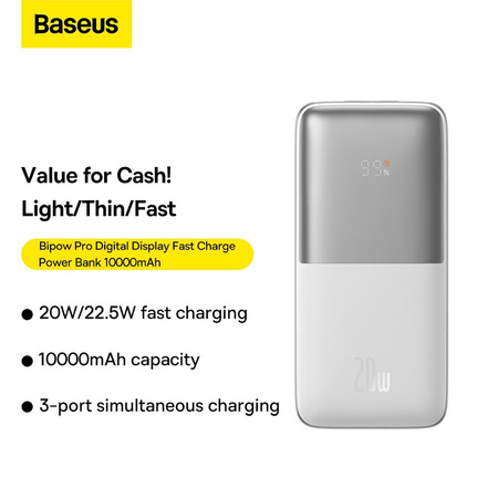 Baseus Baseus Pro 10000mAh 20W White Powerbank with USB Type A - USB Type C 3A 0.3m cable (PPBD040202)