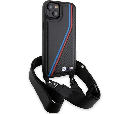 BMW M Edition Carbon Tricolor Lines &amp; Strap Hülle für iPhone 15 / 14 / 13 – Schwarz