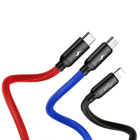 Baseus Three Primary Colors kabel 3w1 USB - micro USB / Lightning / USB-C w nylonowym oplocie 3.5A 1,2M czarny (CAMLT-BSY01)