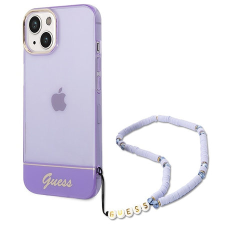 Oryginalne Etui IPHONE 14 PLUS Guess Hardcase Translucent Pearl Strap fioletowe