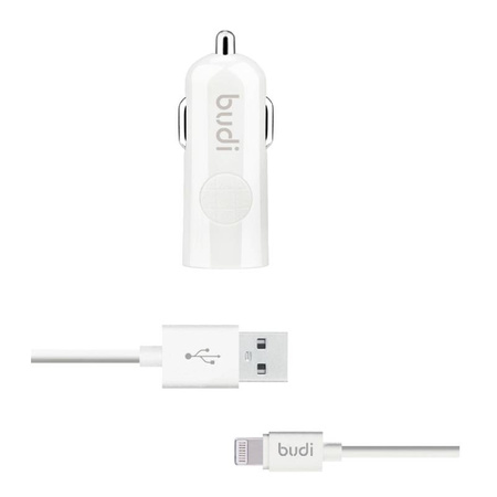 Budi - Ładowarka samochodowa USB + kabel Lightning (Biały)