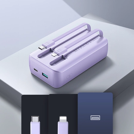 Joyroom JR-PBC07 20000mAh 30W mini power bank with USB-C and Lightning cables - purple