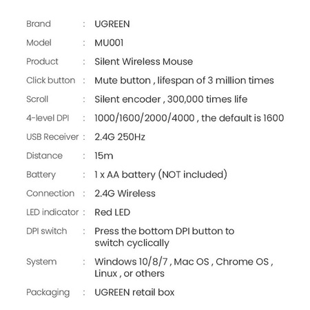 Ugreen poręczna mysz bezprzewodowa USB szary (MU001)