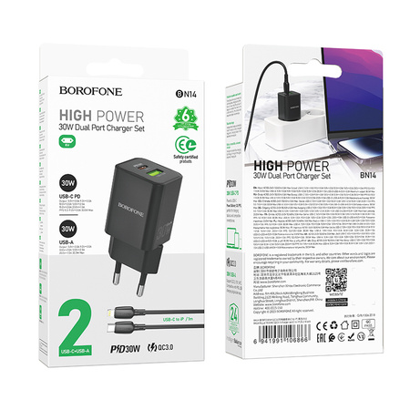 Borofone Ładowarka sieciowa BN14 Royal GaN - USB + Typ C - QC 3.0 PD 30W z kablem Typ C na Lightning czarna