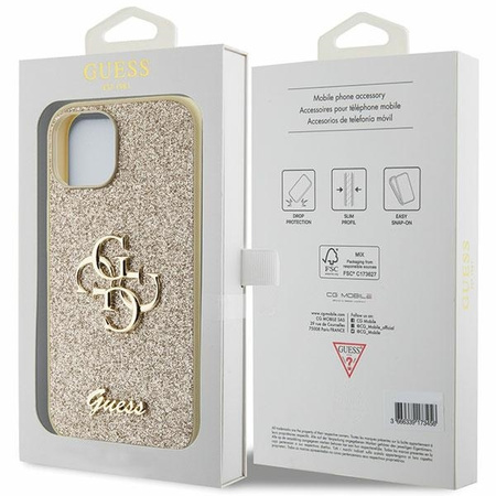 Guess Glitter Script Big 4G Hülle für iPhone 15 – Gold