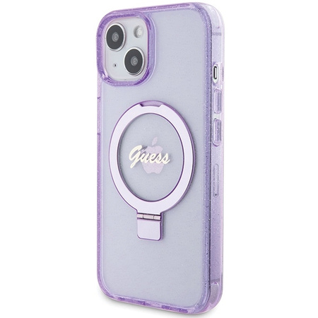 Guess Ring Stand Script Glitter MagSafe case for iPhone 15 - purple