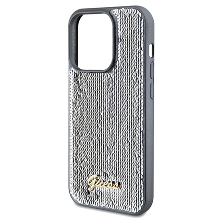 Guess Pailletten-Schriftzug-Metallgehäuse für iPhone 14 Pro Max – Silber