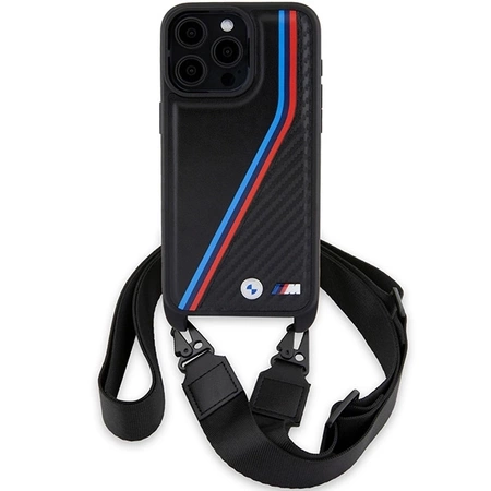 BMW M Edition Carbon Tricolor Lines &amp; Strap Hülle für iPhone 15 Pro Max – Schwarz