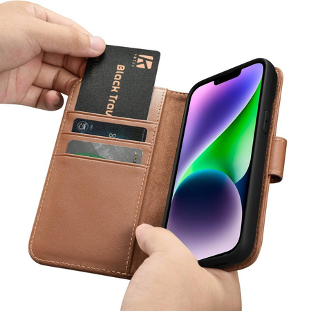 iCarer Wallet Case 2in1 etui iPhone 14 Plus skórzany pokrowiec z klapką Anti-RFID brązowy (WMI14220727-BN)