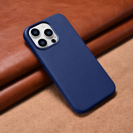 iCarer Case Leather Genuine Leather Case Cover for iPhone 14 Pro Max Blue (WMI14220708-BU) (MagSafe Compatible)