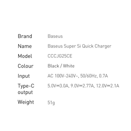 Baseus Super Si  Quick Charger 1C 25W EU White